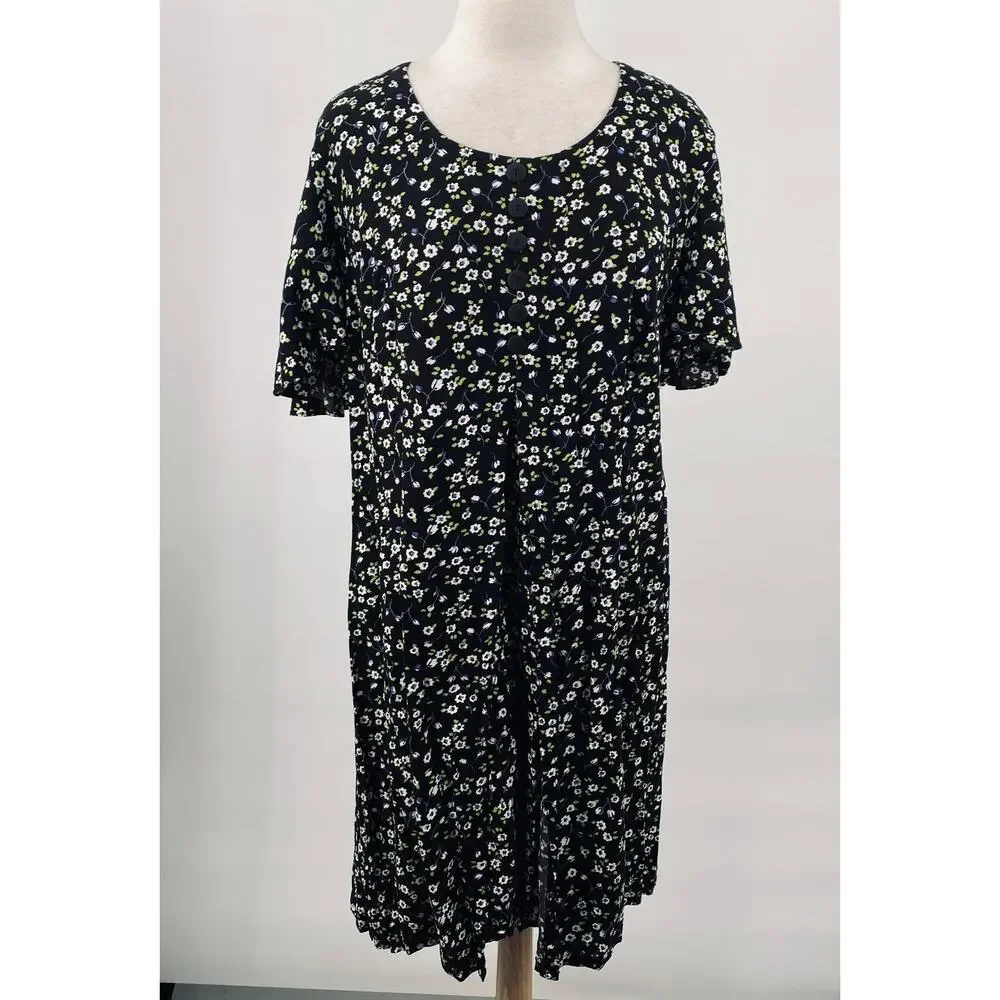 Vintage 90s Floral Romper Mini Dress Split Front A Line Black White Womens 16 1X - Picture 2 of 10